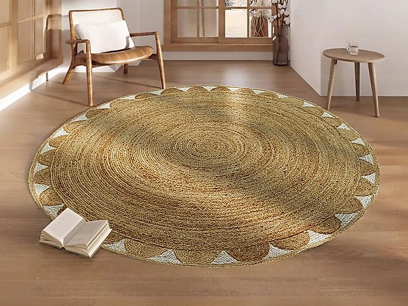 Teppich rund - Blumenmotiv - 100 % Jute - 200 cm - Naturfarben - INDIRA günstig online kaufen