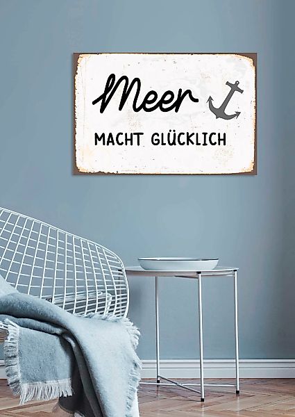 queence Metallbild "Meer macht glücklich", Schriftzüge, (1 St.), Stahlschil günstig online kaufen