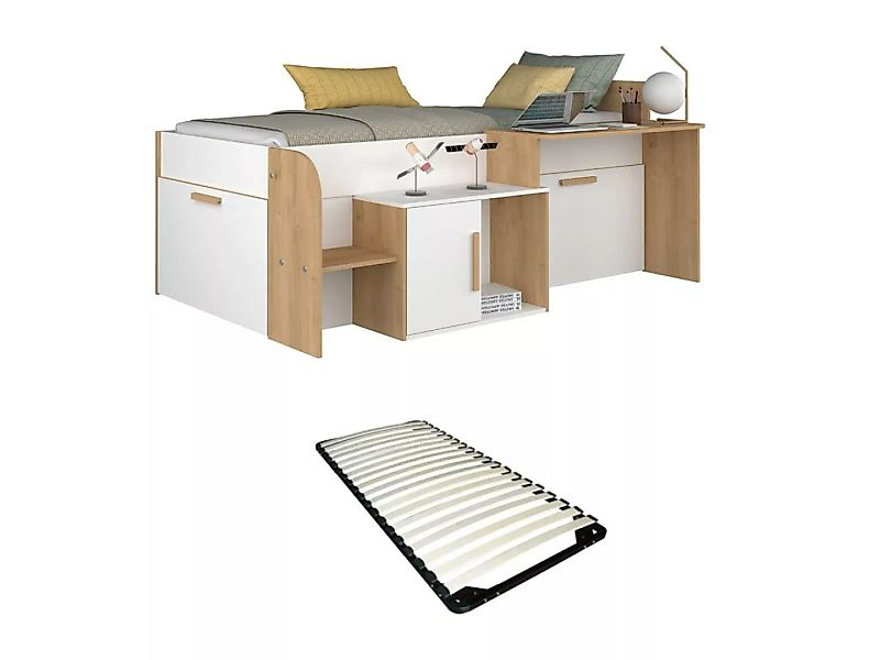 Kombibett 90 x 200 cm mit Schreibtisch und Stauraum - Weiß und Naturfarben günstig online kaufen