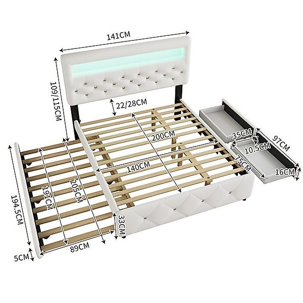 Flieks Polsterbett, LED Doppelbett 140x200cm mit 2 Schubladen, Ausziehbett günstig online kaufen