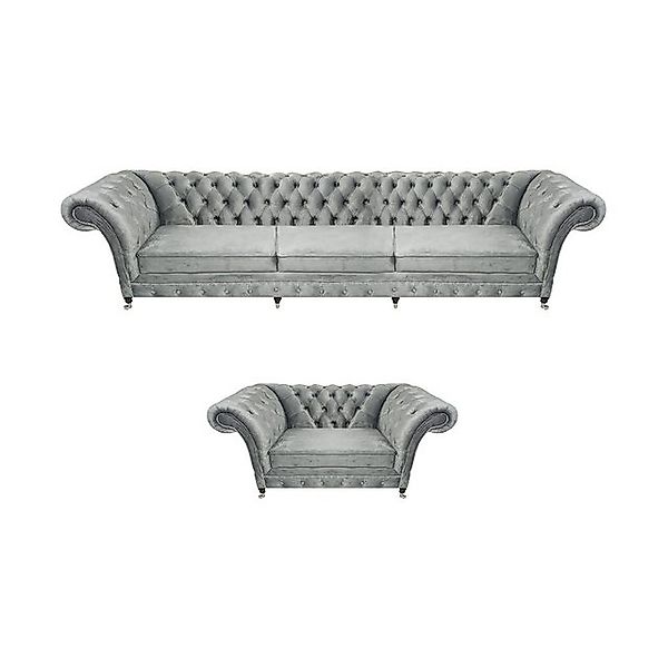 JVmoebel Chesterfield-Sofa Grau Sofa Dreisitze Set Wohnzimmer Sessel Einric günstig online kaufen