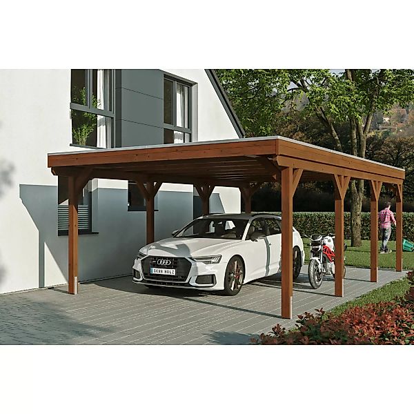 Skan Holz Carport Grunewald 427 cm x 796 cm mit EPDM-Dach Nussbaum günstig online kaufen