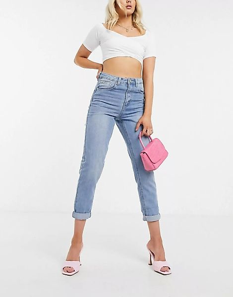 I Saw It First – Blaue Mom-Jeans mit hohem Bund und Zierriss günstig online kaufen