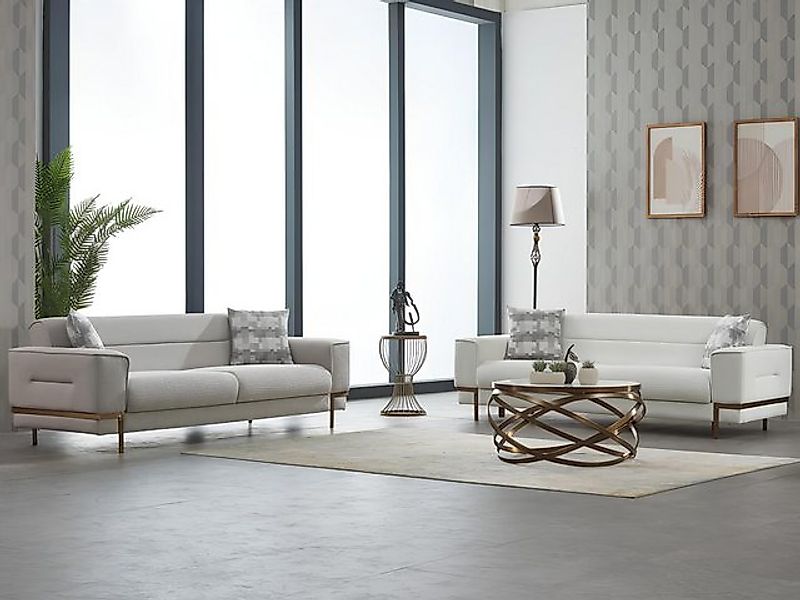 JVmoebel Sofa Sofagarnitur Dreisitzer Sofa Stoffsofa Polstersofa Weiß Set 2 günstig online kaufen