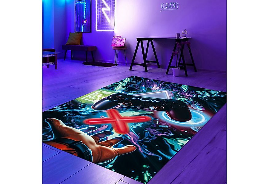 Carpetia Kinderteppich Auffälliger Gaming-Teppich mit neon-farbigen Symbole günstig online kaufen