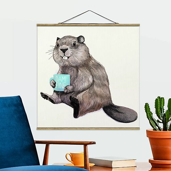 Stoffbild Tiere mit Posterleisten - Quadrat Illustration Biber mit Kaffeeta günstig online kaufen