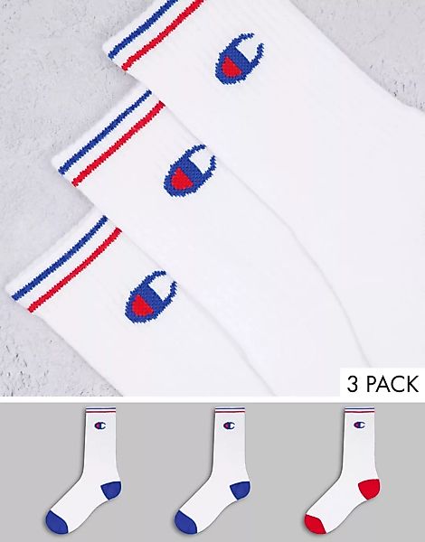 Champion – Sportsocken mit Logo im 3er-Pack in Weiß mit blauer und roter Fe günstig online kaufen