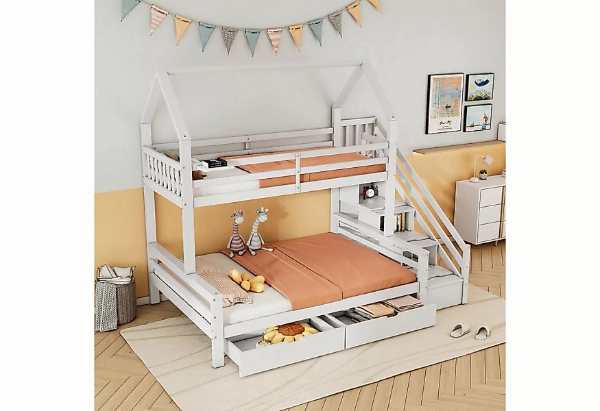 WISHDOR Etagenbett Hausbett, mit Leiter, mit Schubladen und einem Regal (mi günstig online kaufen