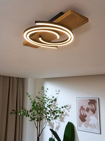 LED-Deckenlampe Rifia, braun, 50 cm, Holz, dimmbar günstig online kaufen