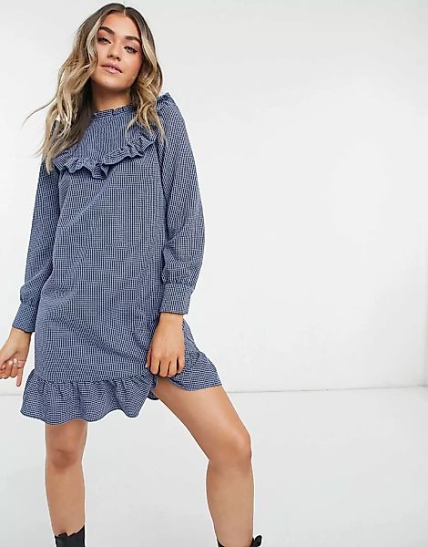 New Look – Minikleid mit blauem Karomuster und gerüschtem Latz günstig online kaufen