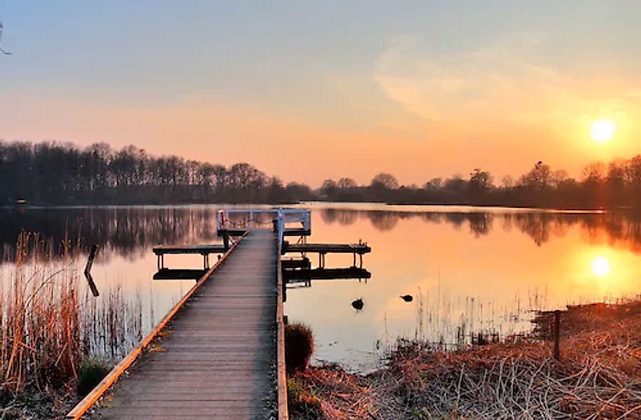 Papermoon Fototapete »HOLZ-BRÜCKE-PIER STEG SEE STRAND WALD SONNENUNTERGANG günstig online kaufen