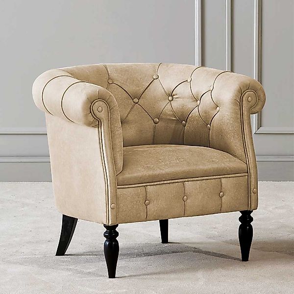 Chesterfield Sessel in Beige und Schwarz Vierfußgestell aus Holz günstig online kaufen