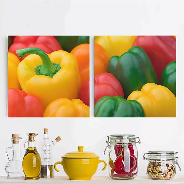 2-teiliges Leinwandbild Küche - Quadrat Bunte Paprikaschoten günstig online kaufen