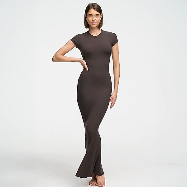 Creamy Fabrics Jerseykleid Ribbed T-Shirt Maxikleid-Ash günstig online kaufen