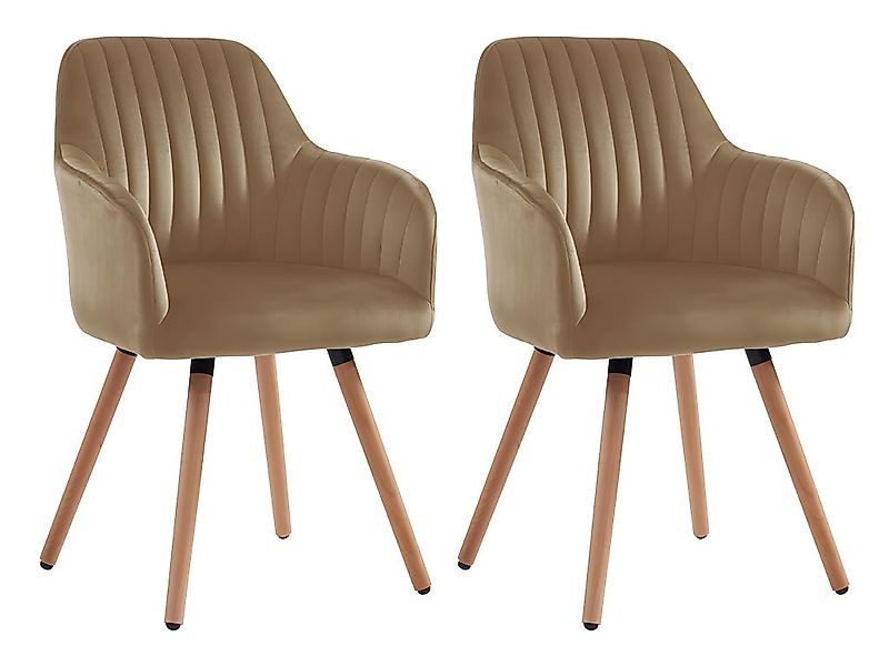 Stuhl mit Armlehnen 2er-Set - Samt & Metall in Holzoptik - Beige - ELEANA günstig online kaufen