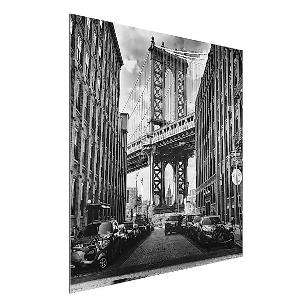 Alu-Dibond Bild Schwarz-Weiß - Quadrat Manhattan Bridge in America günstig online kaufen