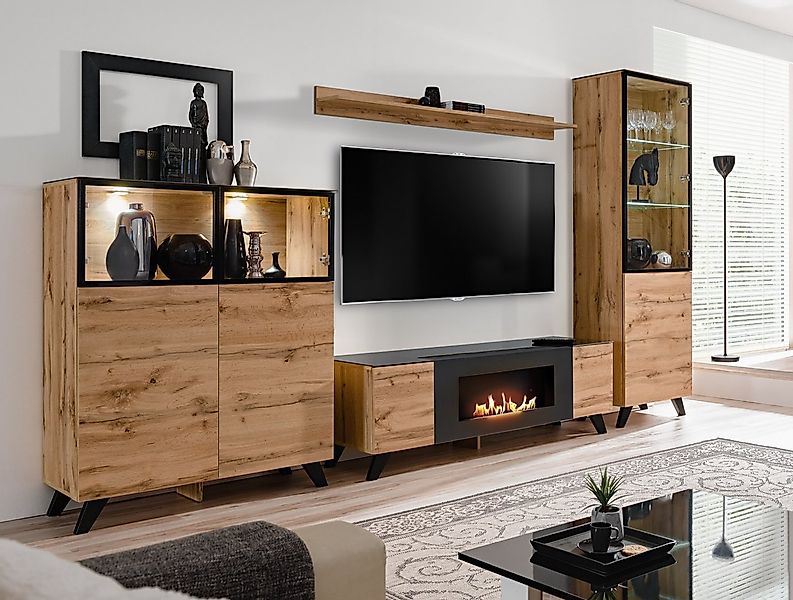 ASM-Moebel Wohnwand Wohnwand Anbauwand THIN-K LED Bio-Ethanol Kamin Push-Cl günstig online kaufen