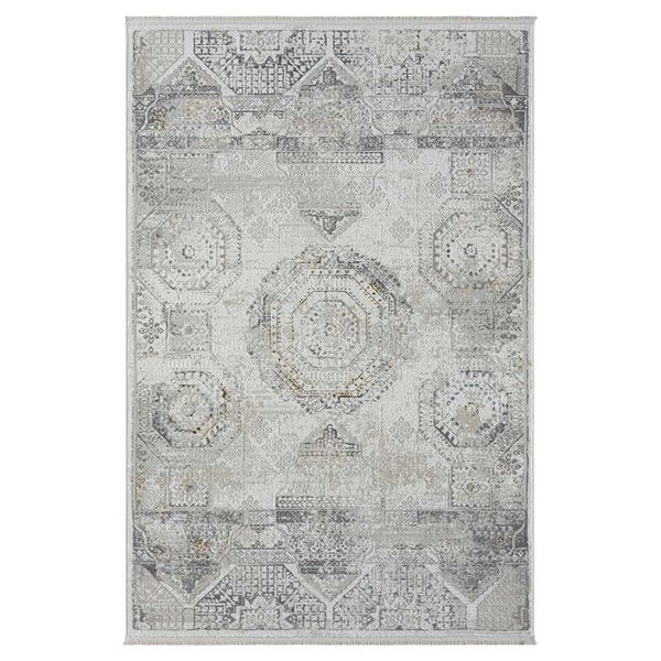 Kurzflor Teppich Vintage Look mit Ornament Muster Hellgrau und Creme günstig online kaufen
