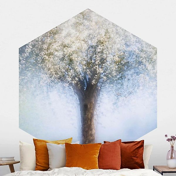 Hexagon Mustertapete selbstklebend Verträumter Baum günstig online kaufen