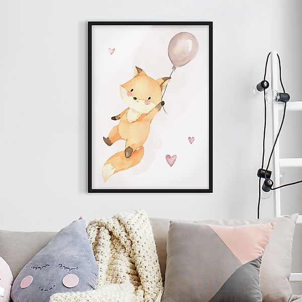 Bild mit Rahmen Fuchsbaby mit Luftballon Rosa günstig online kaufen