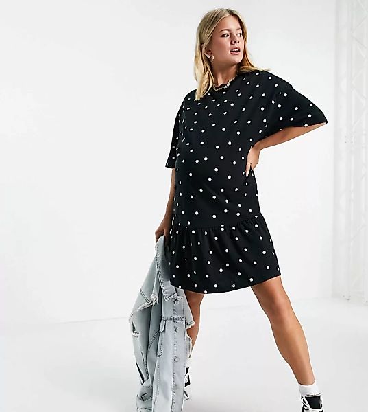 ASOS DESIGN Maternity – Oversized T-Shirt-Kleid mit Rüschensaum und schwarz günstig online kaufen