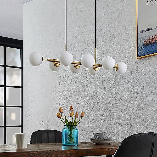 Lindby Hängeleuchte Kiamo, 83 cm, messing, weiß, Glas, G9 günstig online kaufen