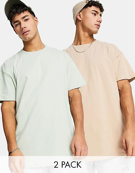 Threadbare – Oversize-T-Shirt im 2er-Pack in Stein und Salbeigrün-Neutral günstig online kaufen