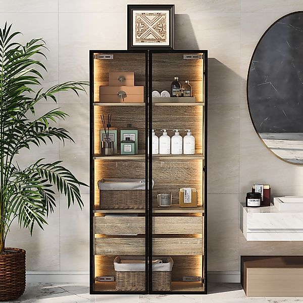 Badezimmerschrank mit LED-Beleuchtung, MDF, 74x36x155 cm, offenem Regal und günstig online kaufen