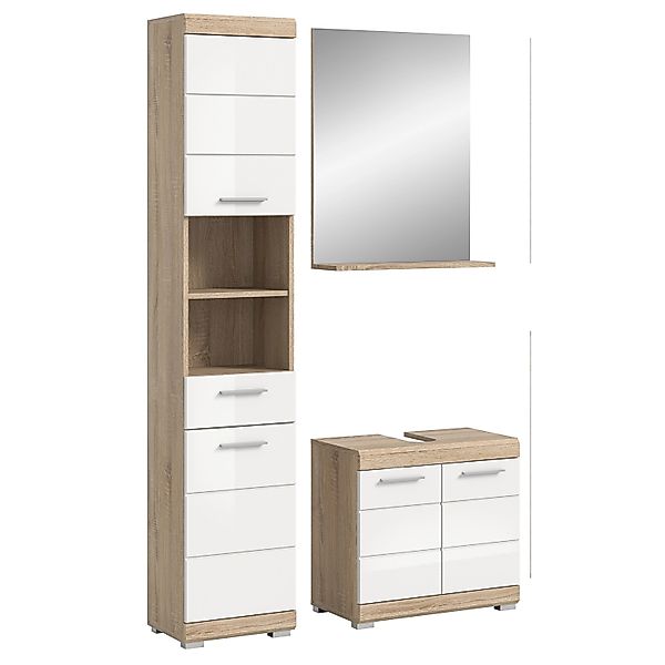 Badkombi Lambada m. Hochschrank/Spiegel Eiche Hell/Weiß Hochglanz 112 cm 3- günstig online kaufen