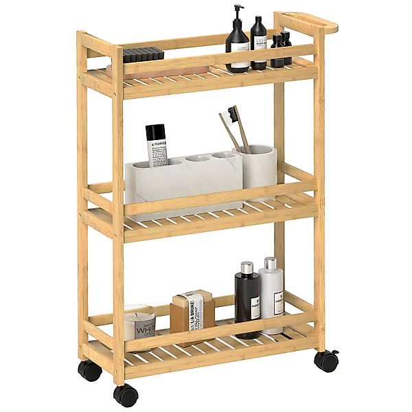 HOMCOM Rollwagen mit Rolle Bambus Naturholz 55L x 20B x 75H cm günstig online kaufen