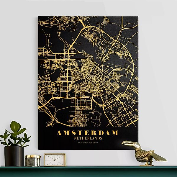 Leinwandbild Gold Stadtplan Amsterdam - Klassik Schwarz günstig online kaufen