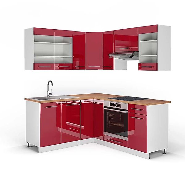 Vicco Fame-Line Eckküche Bordeaux Hochglanz/Weiß 160 x 190 cm AP Eiche günstig online kaufen