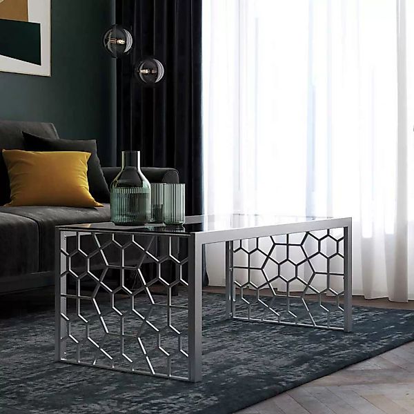 Wohnzimmer Tisch Silberfarben mit Wangen Gestell Glasplatte günstig online kaufen