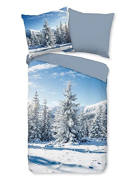 JACK Wendebettwäsche 135x200cm, Winterparadies Berge Blau Weiß, Flanell, 2 günstig online kaufen
