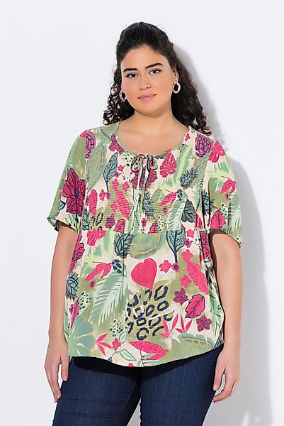 Ulla Popken Tunika Smok-Bluse Blätter A-Linie günstig online kaufen