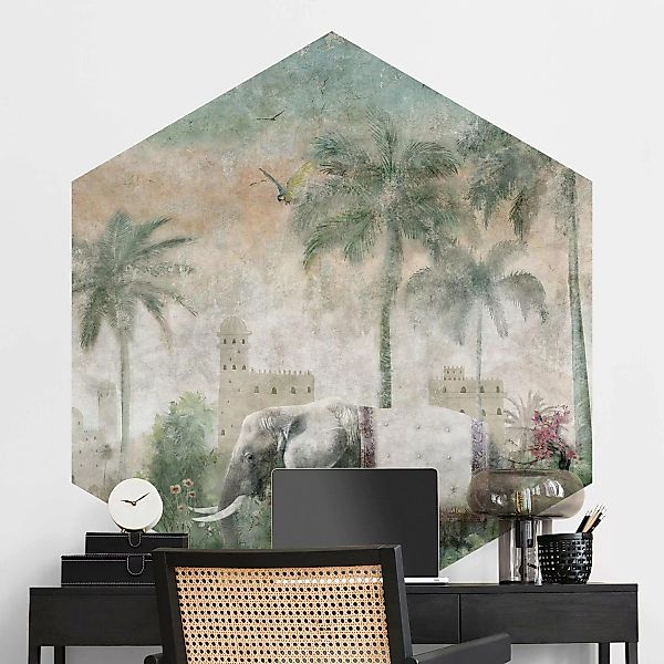 Hexagon Tapete selbstklebend Vintage Dschungel Szene mit Elefant günstig online kaufen
