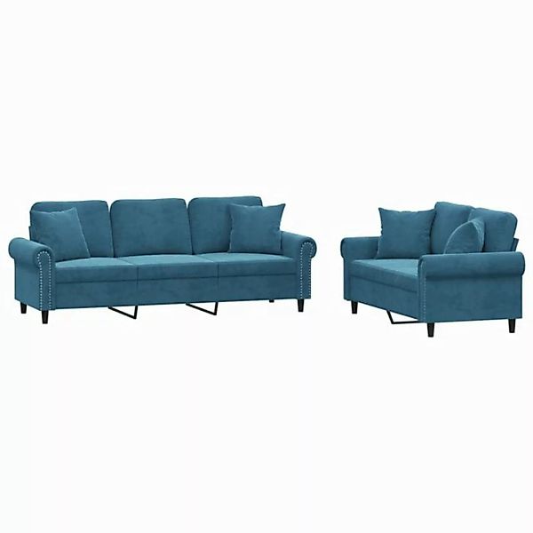 vidaXL Sofa 2-tlg. Sofagarnitur mit Kissen Blau Samt günstig online kaufen