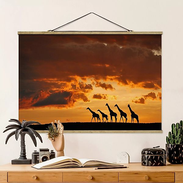 Stoffbild Tiere mit Posterleisten - Querformat Fünf Giraffen günstig online kaufen