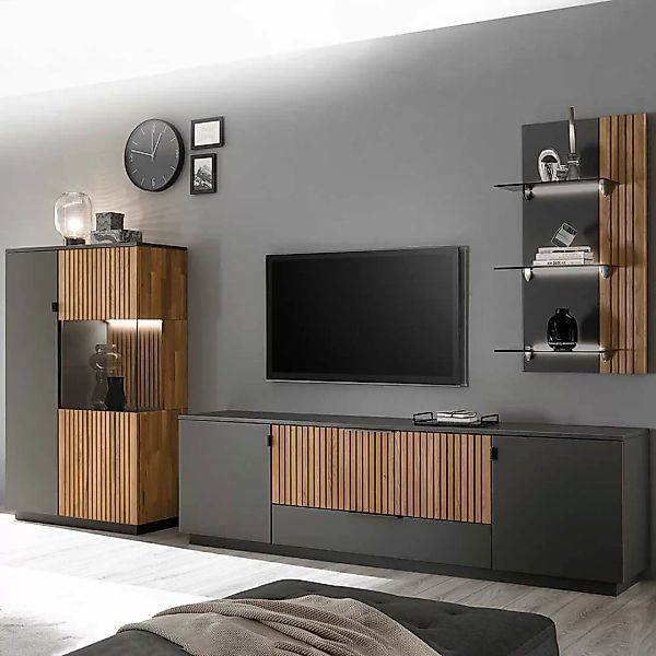 Schrankwand Wohnzimmer modern in Eiche Bianco Anthrazit (dreiteilig) günstig online kaufen