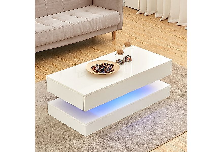 JYMTOM Couchtisch Beistelltisch Moderner Holztisch Weißer Glanz mit LED-Leu günstig online kaufen
