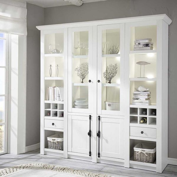 Landhaus Wohnzimmerschrank mit Weinfächern Pinie Weiß günstig online kaufen