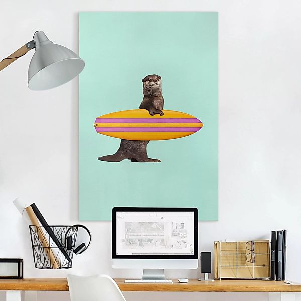 Leinwandbild Kinderzimmer - Hochformat Otter mit Surfbrett günstig online kaufen