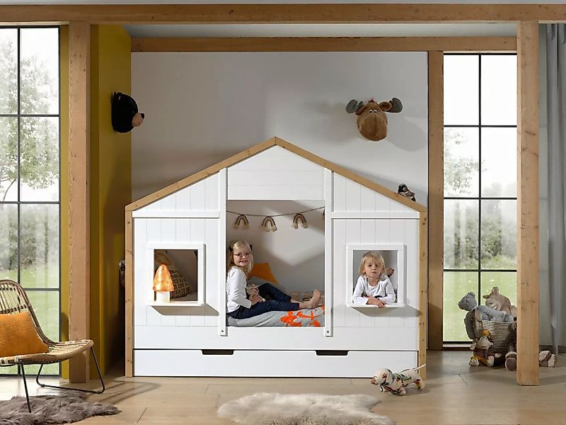 Natur24 Kinderbett Bett Landhausbett mit Bettschublade BABS 90x200cm Oak/We günstig online kaufen