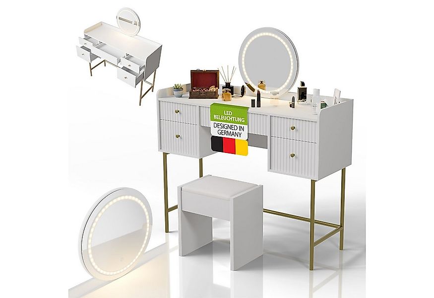 Juskys Schminktisch Samira (2-St), Inkl. Hocker, Touch-LED-Spiegel, goldfar günstig online kaufen