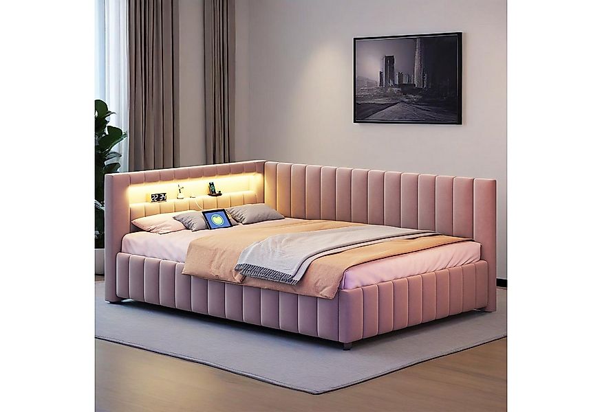 MODFU Polsterbett Kinderbett (140x200 cm mit LED-Lichtstreifen, USB-Ladeans günstig online kaufen