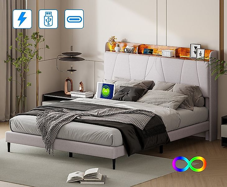 FUROKOY Polsterbett Doppelbett mit LED Licht und USB+TypeC Leinen, 160x200 günstig online kaufen