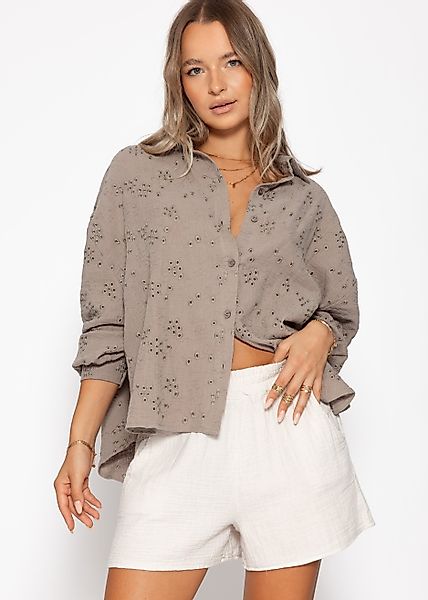 SASSYCLASSY Langarmbluse Musselin Bluse mit Lochstickerei günstig online kaufen