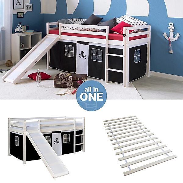 Homestyle4u Hochbett 90x200 mit Vorhang Lattenrost Rutsche in Weiß Pirat 25 günstig online kaufen