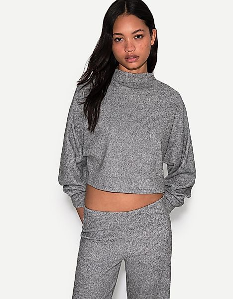 Bershka Soft-Touch-Pullover Mit Stehkragen Und Rippenmuster Damen M Grau günstig online kaufen