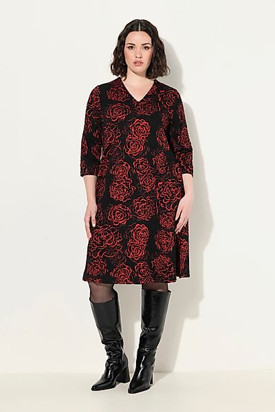 Ulla Popken Midikleid Jacquard-Jerseykleid V-Ausschnitt 3/4-Arm günstig online kaufen
